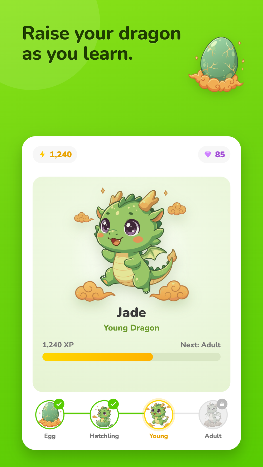 The dragon companion growing as you learn
